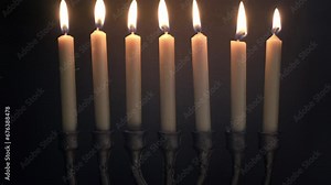 Jewish bronze seven-armed candlestick Menorah for seven candles, symbol of Judaism traditional jewish holiday, concept history, faith and traditions Stock Video