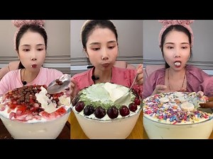 Big Cream Cake ASMR Mukbang | Strawberry, Matcha & Grape Cake Eating Sounds