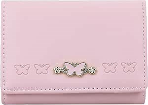 Cute Pink Wallet for Women and Ladies Small Minimalist Butterfly Design Leather Coin Purse with Credit Card Holder and ID Window Kawaii Travel Cash Wallet for Ladies