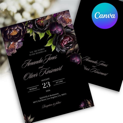 Gothic Purple Floral Wedding Invitation Template, Editable Canva Invite, Moody Wedding Invites, Elegant Printable Dark Romance - Etsy