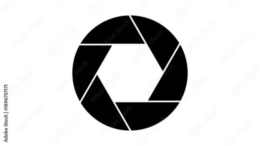 Camera aperture opening and closing icon. A detailed closeup shot of a professional camera lens aperture mechanism opening and closing revealing the intricate hexagonal diaphragm.