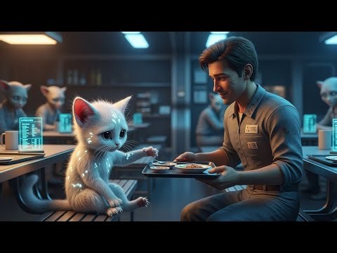 Sir, I cant eatsaid the little alien cat cub but the human single dad janitor gave her his meal