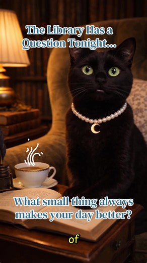 The library is curious tonight. 🖤 What small thing always makes your day a little brighter? Sometimes it’s the smallest comforts that matter most. Tell us yours in the comments. — Midnight 🐈‍⬛🐾🖤 #TheMidnightLibrarian #Cozy #BookTok #ritual #storytime