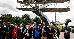 Wright Flyer III sculpture calls historic neighborhood home