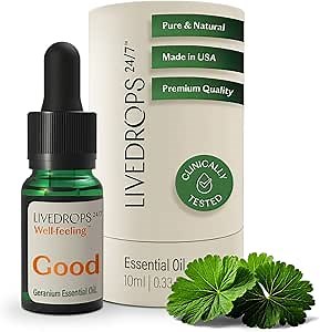 LIVEDROPS 24/7 Good Geranium Essential Oil, Natural Vegan Aromatherapy for Diffuser or Diluted Skin Use, Rosy Floral Scent, Origin Egypt, Made in USA, Clinically Tested, 10ml