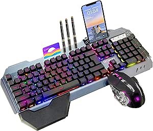 RGB Backlit Gaming Keyboard and Mouse Set – 16 Lighting Modes, 2400DPI 4-Button Optical Mouse, Mouse Pad & Phone Holder – Ergonomic Wrist Support – Black