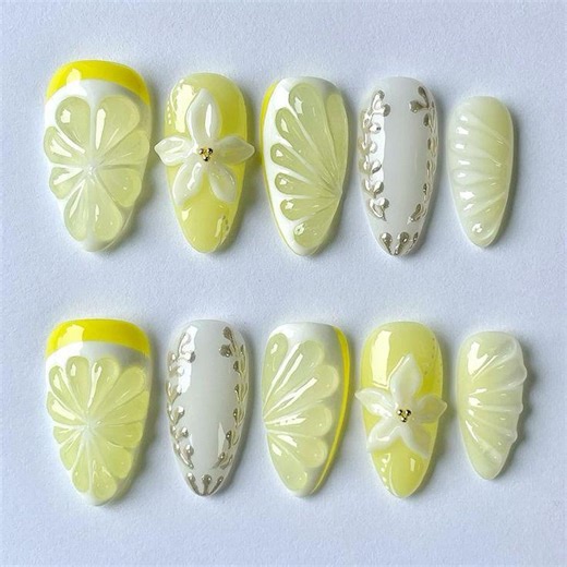 Kawaii Lemon Fruit Press on Nails, 3D Realistic Citrus & Blossom Nails, Yellow and Silver Floral Nail Art, Custom Reusable Nails for Her - Etsy