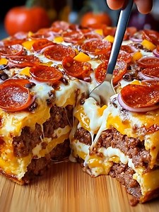 Ultimate Stuffed Layered Pizza Pie A towering pizza bake with stacked layers of cheese, meat, and pepperoni. Yield: 10–12 slices Temp: 375°F (190°C) Time: 1 hour Key Ingredients First: Pizza dough ................................. Full Recipe in First Cօʍʍеոτ 👇 | HomeBite Recipes