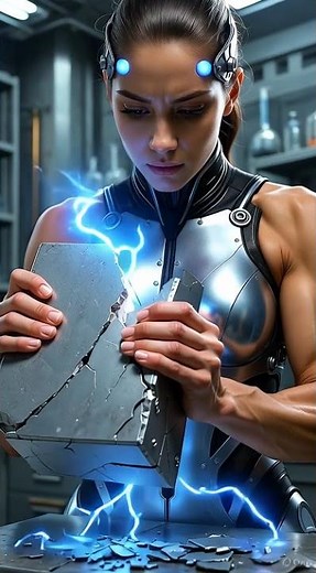 두 손으로 철 덩어리를 쪼개는 AI 로봇소녀