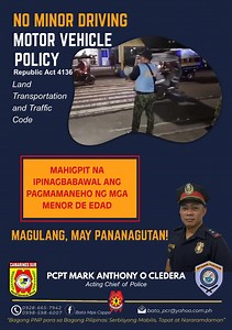 OPLAN BANDILLO NO MINOR DRIVING MOTOR VEHICLE POLICY R.A, 4136 (Land Transportation and Traffic Code) Panatilihing ligtas ang mga BATA! Huwag haayaan sa kalsada, Para Iwas disgrasya. Isang Paalala mula sa PNP- Bato sa pamumuno ng Hepe na si PCAPT MARK ANTHONY O CLEDERA. #BagongPNPparaSaBagongPilipinas #ToServeandProtect | Bato Mps Csppo