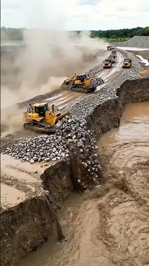 Massive Extreme River Dam Repair – Bulldozers Pushing Tons of Rocks into Raging Floodwater