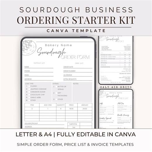 Sourdough Bakery Business Order Form Kit, Printable Ordering System, Price List & Invoice Template, Home Bakery Starter Pack - Etsy