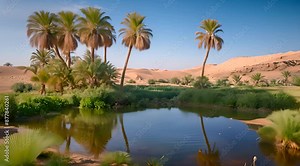desert oasis small pool of water surrounded by palm trees and green vegetation in a desert landscape