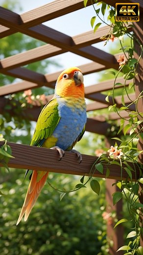 You’re listening to a clear **parakeet contact call** recorded in a humid garden environment — tiny, chip-like phrases that dart through vine-wrapped beams and thread the air like quick, sociable punctuation. These short contact notes are used by small social parrots to maintain group cohesion and to signal location, and here you’ll hear them in crisp detail: individual pulses, brief duets, and the rapid back-and-forth that lets a flock stay linked while foraging. If you want a focused, immersiv