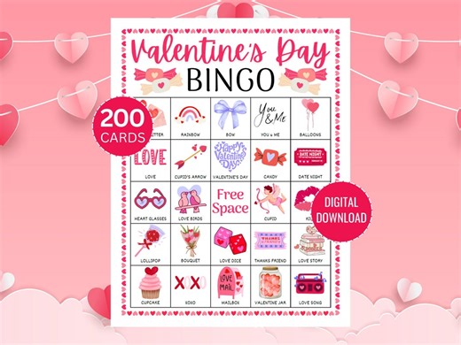 Valentine's Day Bingo, 200 Bingo Card Set, Valentine's Bingo Printable Game, Valentine's Party Game, Digital Download - Etsy