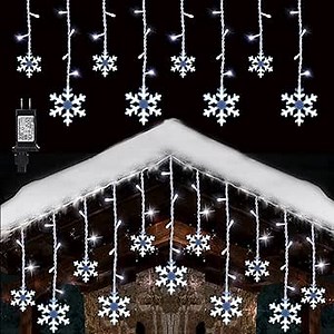 17.22ft 264 LED Snowflake Lights Outdoor, Christmas Snowflake Icicle lights with 22 Drops, 8 Modes Connectable Window Curtain Lights for Christmas Decorations, roof, Eaves, Wedding, Yard - White