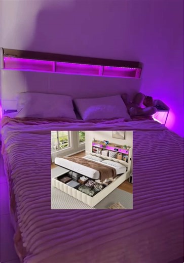 Un lit ultra pratique avec un énorme espace de rangement sous le matelas, une tête de lit avec étagères et des lumières LED intégrées pour une chambre moderne et bien organisée. En plus, vous pouvez payer en plusieurs fois avec Klarna ou PayPal. #lit #tiktokshop #TikTokShopFrance #litavecled #litavecrangements