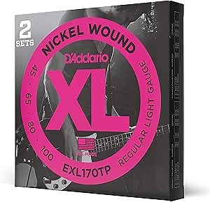 D'Addario Electric Bass Guitar Strings, XL Nickel, EXL170TP, Regular Light Gauge 45-100, Long Scale, 4-String Set, Pack of 2