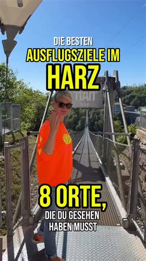 Der Harz – 8 Ausflugsziele, die du gesehen haben musst: 🌉 Titan RT Hängebrücke Eine der längsten Fußgängerhängebrücken der Welt. 458 Meter Stahl, Wind, Nervenkitzel pur – über der Rappbodetalsperre. 🌲 Baumwipfelpfad Bad Harzburg Spaziergang über den Bäumen – mit Panoramablick und Infos zur Natur. Entschleunigung inklusive. 🌄 Bodetal Das “Grand Canyon des Harzes”. Zwischen Thale und Treseburg – wilde Natur, steile Wände, perfekte Wanderkulisse. 🏰 Burg Regenstein Felsenburg mit Ausblick. Teils