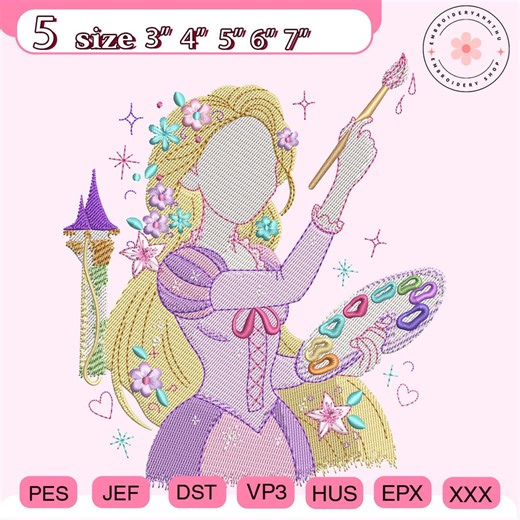 Long Hair Princess Embroidery Design, Girl Painting Embroidery File, Fairy Princess Design, WDW Cartoon Fan Gift, Magic Kingdom Design