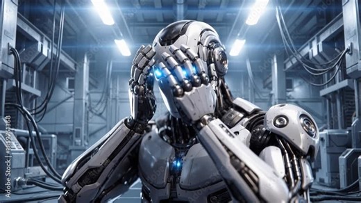 Automated android experiencing system malfunction in high-tech research center. Robotic unit reacting to software error in industrial workshop.