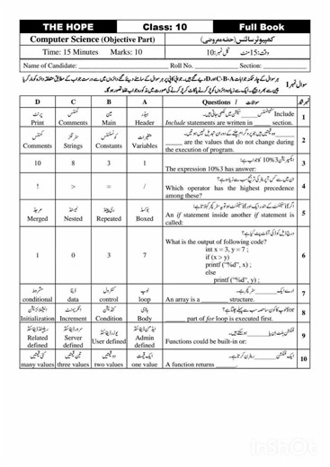 Computer Science 10th class Full book paper