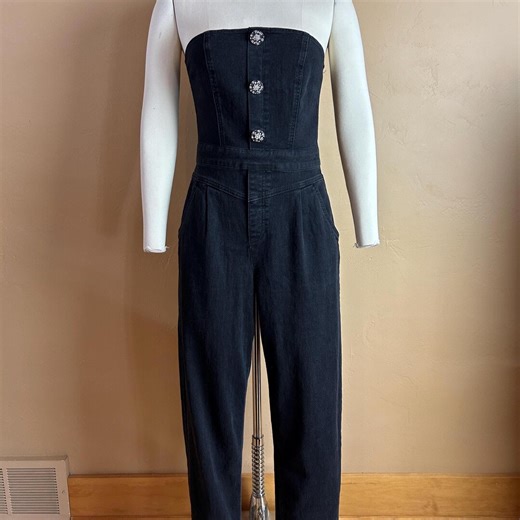 Vintage Black Denim Strapless Pant Jumpsuit With Rhinestone Buttons Size 8 - Etsy