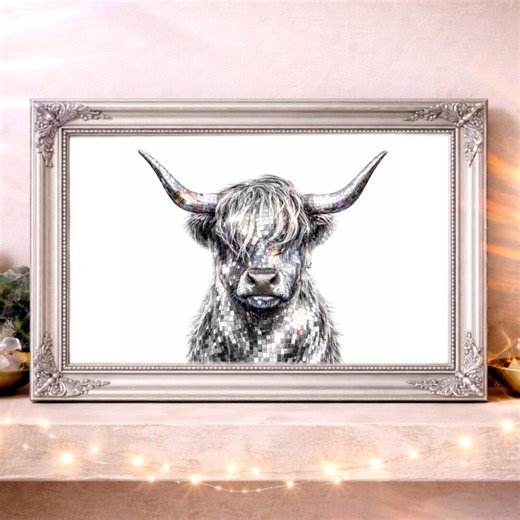 Crystal Cow Wall Art Printable, Disco Bull Digital Download, Highland Cow Kitchen Decor, Modern Farmhouse Art Print 8x10 16x20 24x30 - Etsy