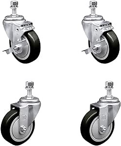 Polyurethane Swivel Threaded Stem Caster Set of 4 w/4" x 1.25" Black Wheels and 1/2" Stems - Includes 2 with Top Locking Brake - 1400 lbs Total Capacity - Service Caster Brand