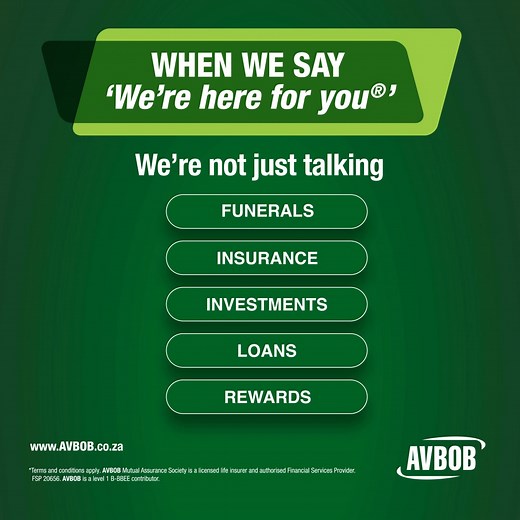 Honouring the past, securing the future. AVBOB offers compassionate funeral services, financial solutions to help you plan ahead, and everyday rewards. Click to learn more: www.AVBOB.co.za *Ts & Cs apply. FSP 20656. #AVBOB #HereForYou | AVBOB South Africa