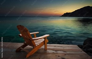 Chair on the wooden plank bridge near coastline, sunset on the beach resort, lake rock mountain evening chair relaxation leisure Generative AI