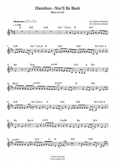 Hamilton - You'll Be Back (Easy Level) (Lin-Manuel Miranda) - Violin Sheet Music