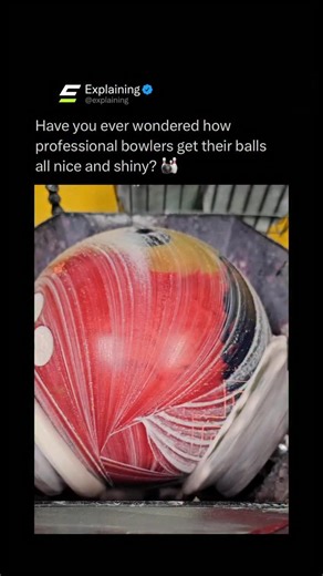 Explaining on Instagram: "Bowling ball polishing machines are built to recreate the same friction and pressure a ball experiences on the lanes. 🎳⚙️ Inside the machine, rotating arms hold sanding pads or polishing wheels that spin at controlled speeds while pressing evenly against the ball. The ball itself rotates in the opposite direction, ensuring every inch of the surface is treated evenly. Different grit levels and compounds are used to fine-tune grip, shine, and performance. It’s a precise