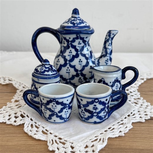 Miniature Tea Set Vintage | Blue White Mini Tea Set | Dollhouse Tea Set Ceramic | Decorative Tea Set Collectible | English Cottage Decor - Etsy