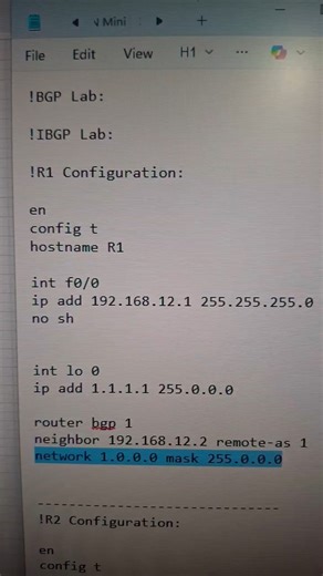 Network for you on Instagram: "✨ IBGP router 1 Configuration✨ 💬 Drop your answers in the comments! 👇 Follow @_networkforyou_ for more networking tips 👇 📢 Turn on post notifications so you never miss an update! 🌐💻 #NetworkForYou #CCNA #CCNP #CiscoNetworking #NetworkingBasics #ITCertifications #CCNATraining #NetworkEngineer #CyberSecurity #CiscoCertifications ⚡👨‍💻 #CCNP_Enterprise #networkforyou"