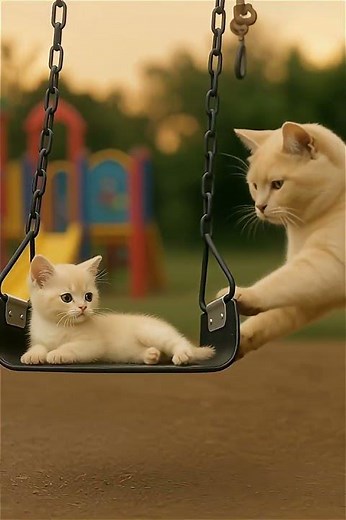 “Cat Baby Climbs the Swing… Then Mom Starts the Ride!”