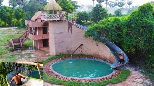 Building a Creative Modern Mud Water Slide Park to an Underground Swimming Pool with Villa!