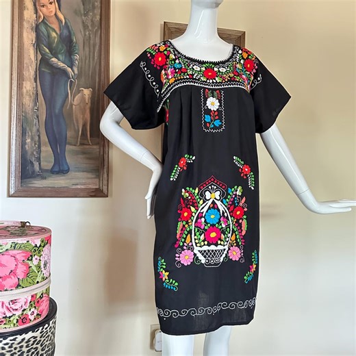 Vintage Embroidered Mexican Mini Peasant Folk Dress Ethnic Sundress XL - Etsy