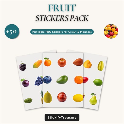 Fruit Stickers PNG Pack, 50 Printable Planner Scrapbook Journal Laptop Decals, Fruit Clipart
