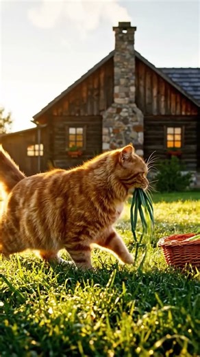 A cute cat harvests fresh crops in a peaceful farm setting.