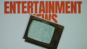Entertainment news inscription on grey background. Graphic presentation with image of vintage TV with VHS effect. Entertainment concept