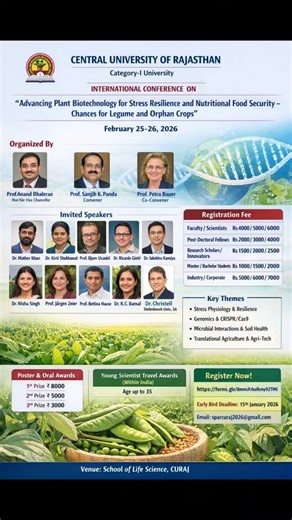 Learn & Advance | Agri Careers on Instagram: "From Lab to Land: Re-engineering Plant Biotechnology for a Climate-Resilient & Nutrition-Secure World 🌱 Global scientists unite at SPARC–2026 to unlock the future of stress-resilient, nutrient-rich legumes and orphan crops—where genomics, CRISPR, and sustainable agriculture converge for global food security. 📍 Central University of Rajasthan 🗓 25–26 February 2026 🌾 Climate-resilient crops for future food systems 🧬 Genomics, transcriptomics & CRI