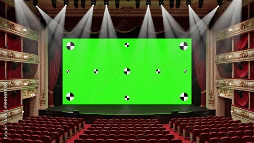 Virtual Production Set with beautiful wide screen in cinema hall moving through over the seats 3d animation lights green and tracking points art technology concept 4k ultra hd 3840x2160 distortion