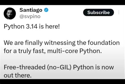 Whdan • AI & Web Design on Instagram: "Python 3.14 is finally here! Say goodbye to the GIL and hello to true multi-core performance. Free-threaded Python is the future, and it just arrived. #datascience #machinelearning #statistics #AITech #AI #artificialintelligence #NeuralNetworks"
