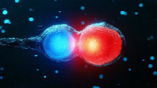 A captivating depiction of a dynamic interaction between two glowing spherical entities, one radiating blue and the other emitting a vibrant red light, set against a dark, immersive backdrop filled with floating particles | Premium Stock Video Footage