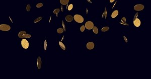 Coins drop. Coins rain animation on transparent background. Falling rotating gold coins.