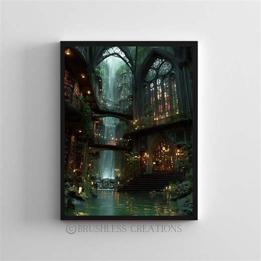 Fantasy Library Waterfall Art Print, Enchanted Book Room (digital Download) - Etsy