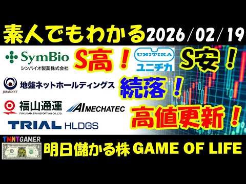 【明日のテンバガー株・高配当株】シンバイオ製薬！S高！ユニチカ！S安！地盤ネットホールディングス！続落！トライアルホールディングス！福山通運！AIメカテック！高値更新！【20260219】