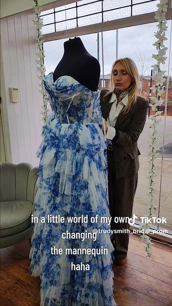 changing the window display! nice blue and white tiered dress today. #promshopping #prom #promdress #trending #Love