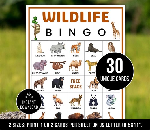 Wildlife Bingo Game, Printable Wildlife Bingo Cards, Wildlife Birthday Party Activity Game, Wildlife Lover Bingo Game, Wild Life Bingo Game - Etsy